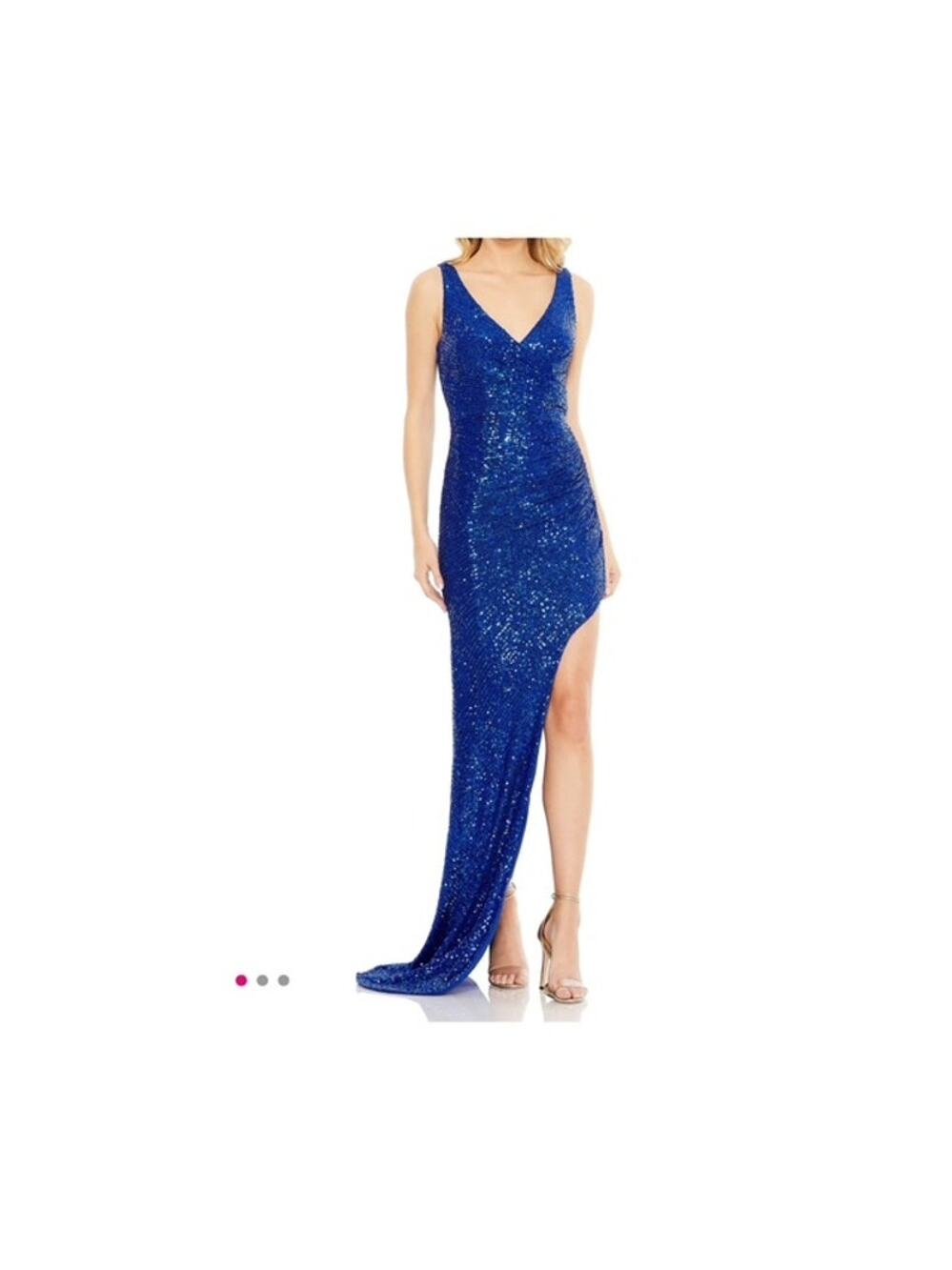 NWT Mac Duggal IEENA Sequined Draped Faux Wrap Asymmetrical Hem Gown